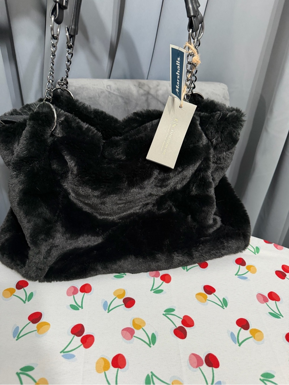 Plush Black Faux Fur Shoulder Bag with Chain Handles